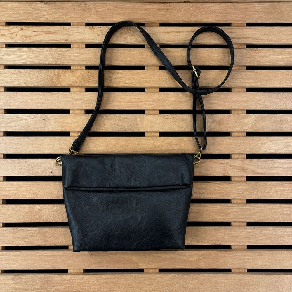 Anthropologie Black Vegan Leather Crossbody Fold Over Shoulder Handbag Luxury